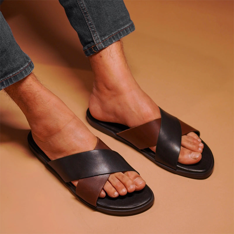Cross Style Premium Solid Leather Black Brown Slipper