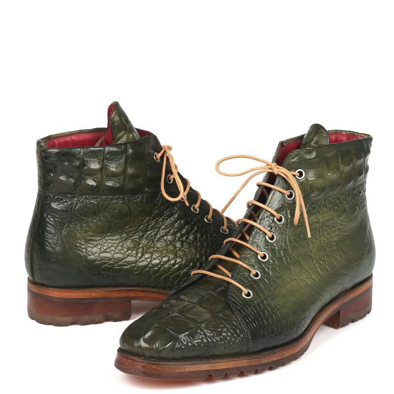 Men Crocodile Embossed Leather Ankle Boot Green