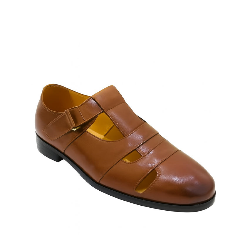 Closed Toe Tan Leather Sandal with Buckle Strap