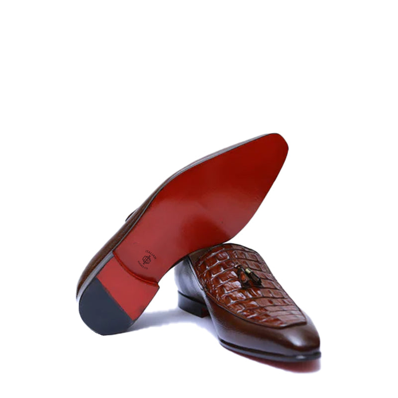Croco Print Leather Tassel Brown Loafer For Men