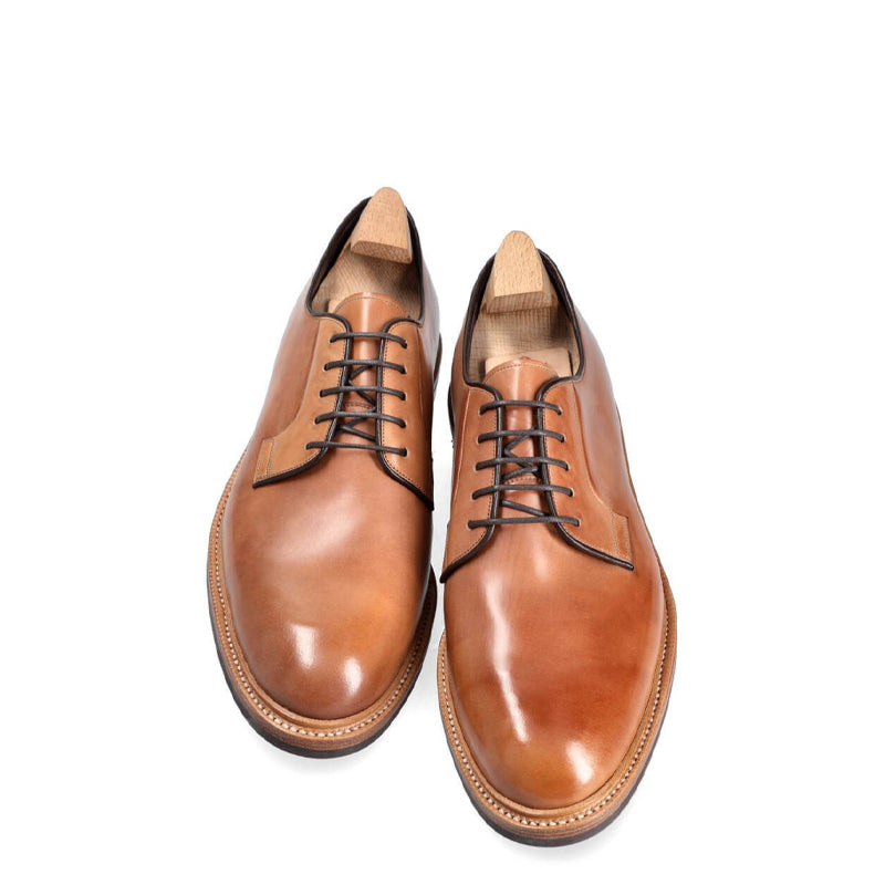 Plain Toe Polished Shiny Leather Derby Shoe Brown