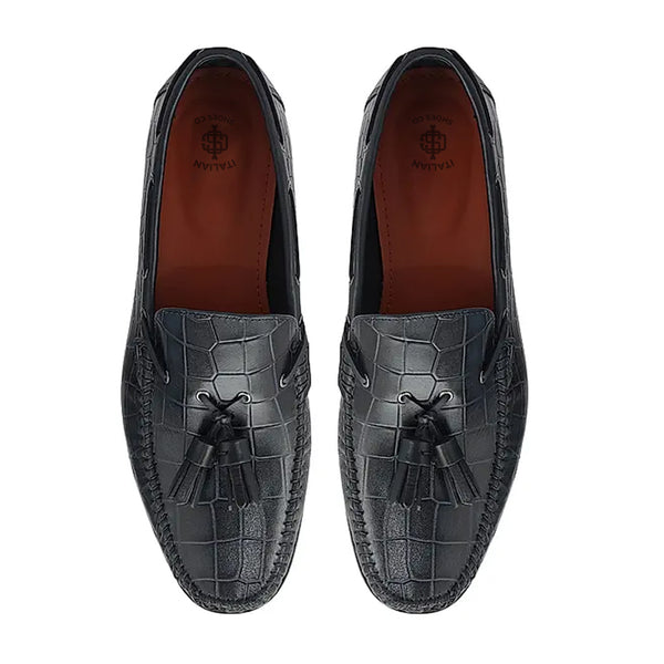 Crocodile Pattern Side Lacing Leather Tassel Loafer Burgundy