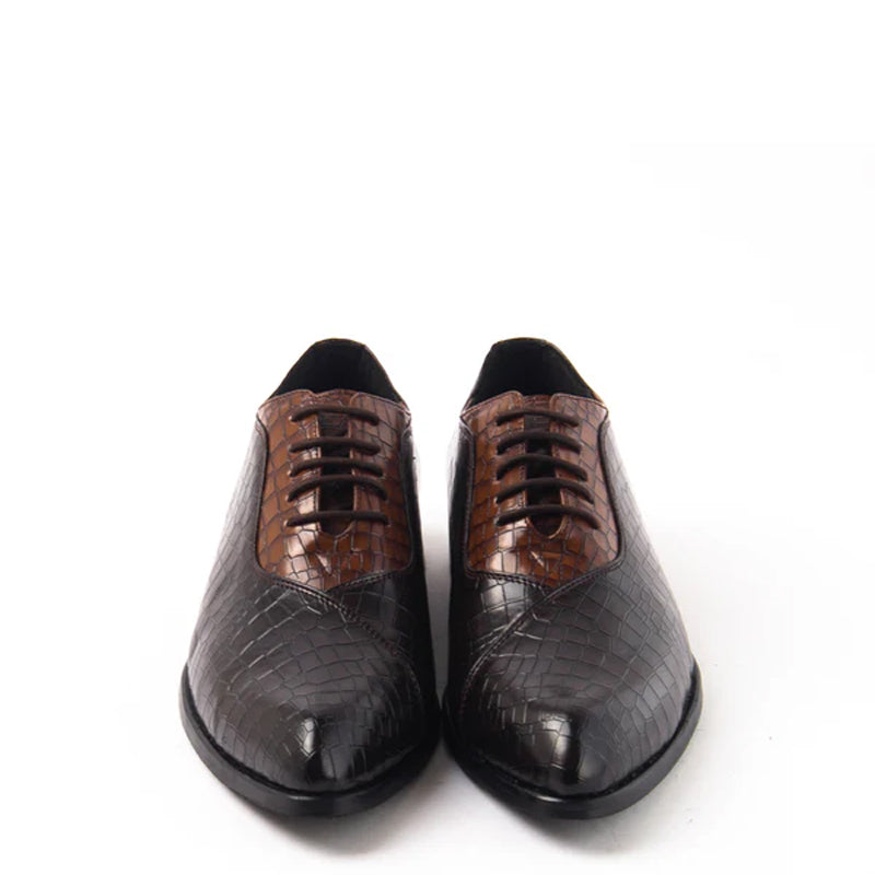 Classic Croco Pointed Toe Lace Ups Oxford Shoe Tan and Brown