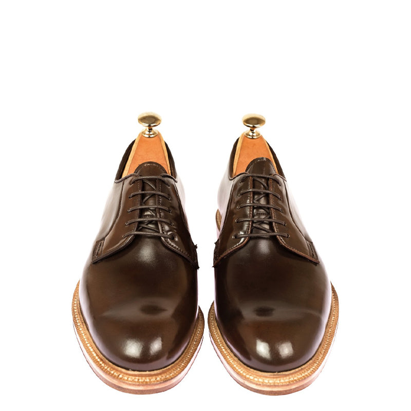 Plain Toe Polished Shiny Leather Derby Shoe Brown