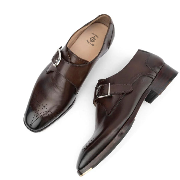 Glossed Square Toe Leather Single Monk Strap Shoe