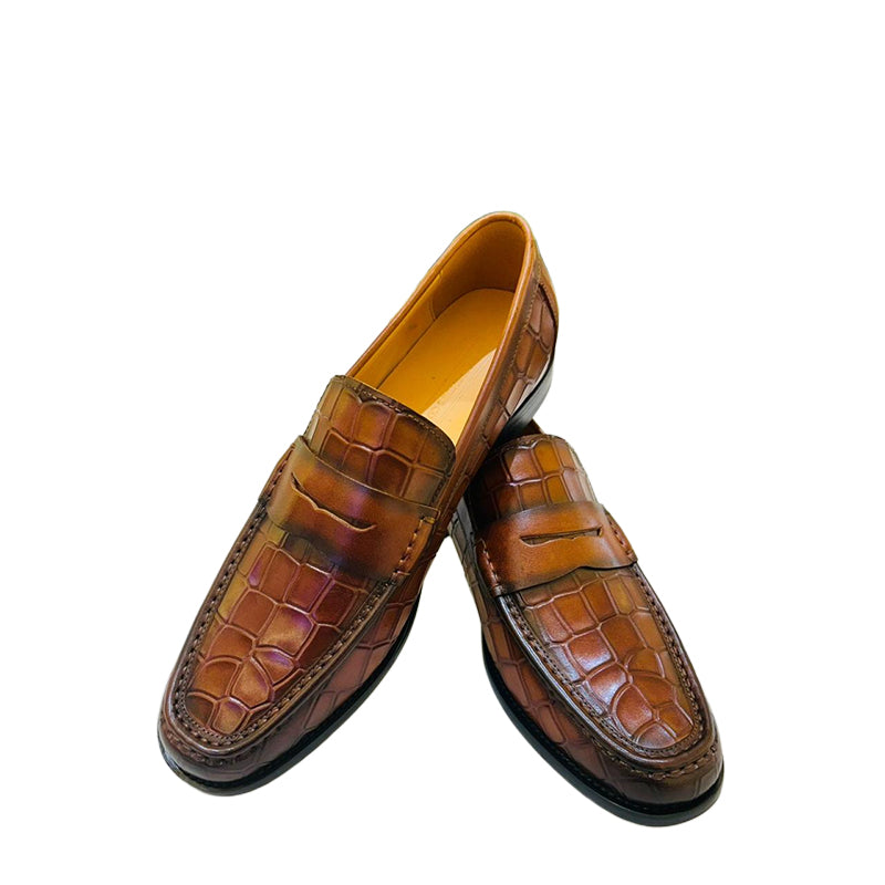 Penny Brown Crocodile-Textured Leather Loafer