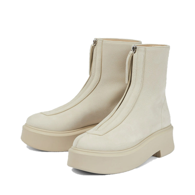 Premium Leather Row Zipped-Front Ankle White Boot