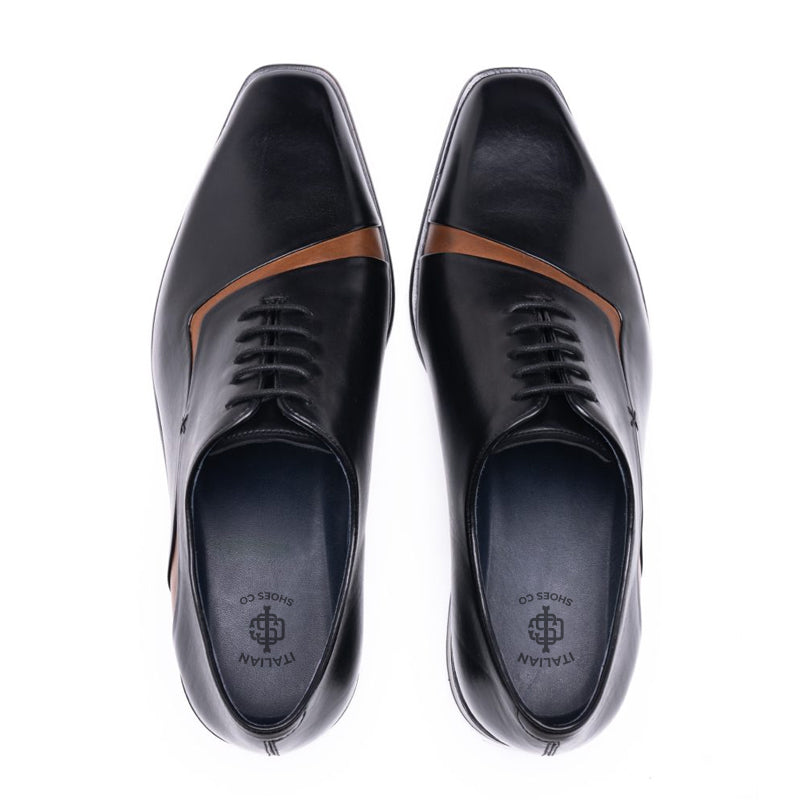 Meta Cut Shiny Leather Oxford Black Tan Shoe