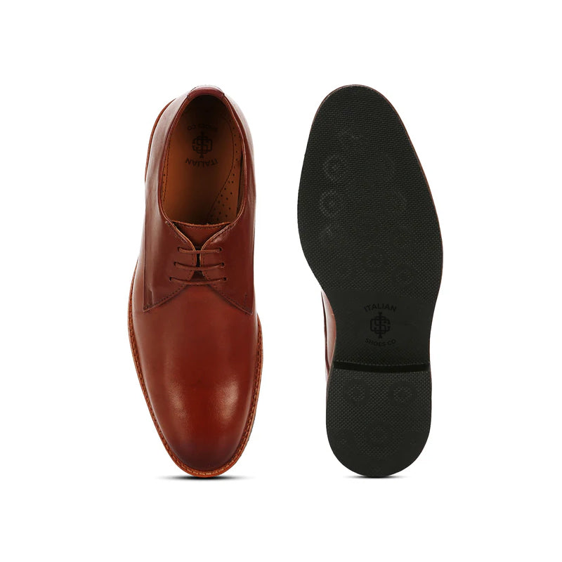 Polished Leather Plain Toe Derby Tan Shoe