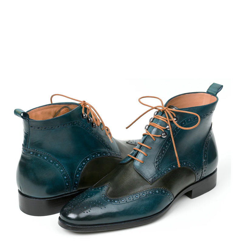 Men Solid Leather Wingtip Ankle Boot Green and Blue