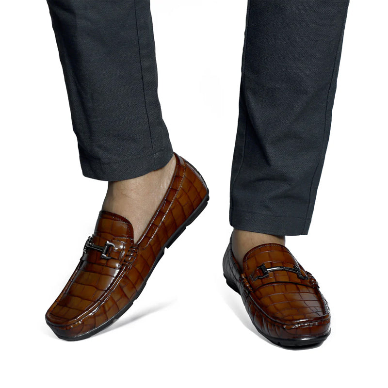 Croco Pattern Leather Horsebit Buckled Brown Loafer