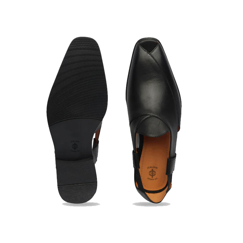Classic Luxury Slip On Leather Peshawari Black Sandal