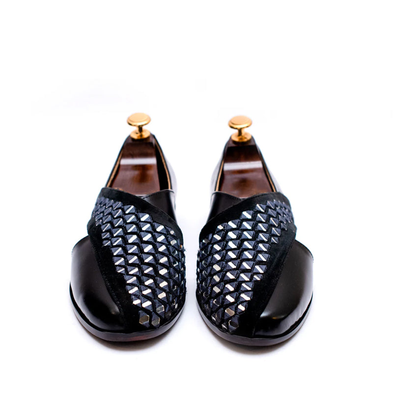 Cross Strap Mirror Design Leather Peshawari Black Sandal