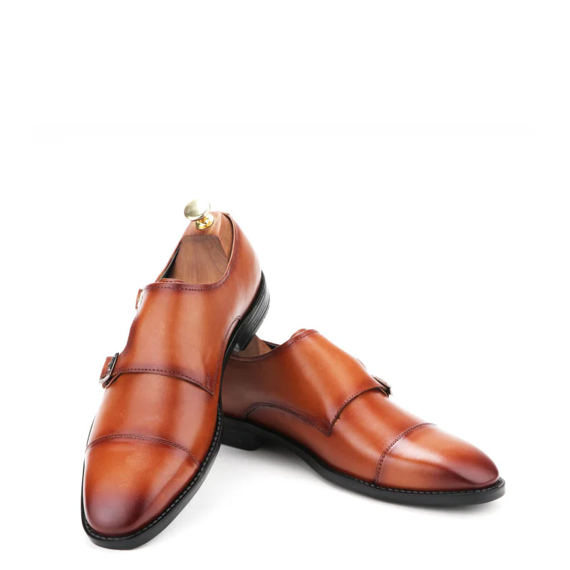 Classic Design Leather Double Monk Strap Shoe Tan