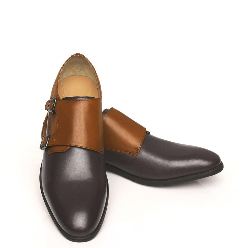 Leather Double Monk Strap Black and Burgundy Shoe For Men