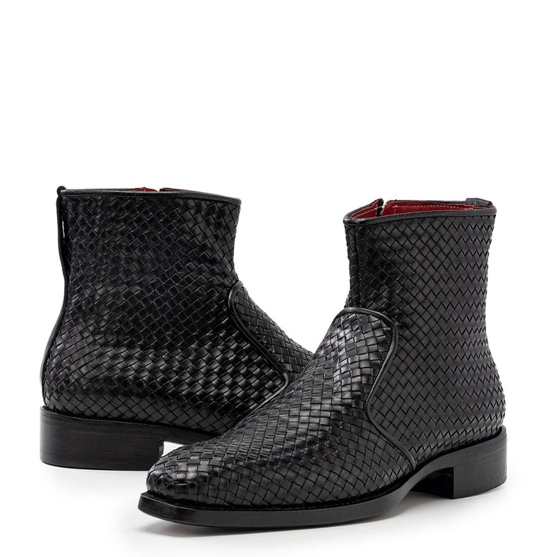 Luxury Stylish Woven Leather Side Zipper Boot Black