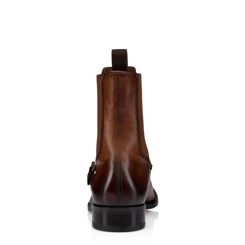 Luxury Chelsea Brown Leather Side Buckle Strap Boot with Brogue Detailing