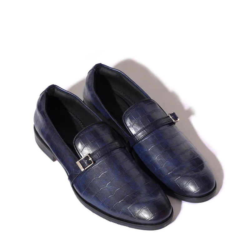 Croco Textured Leather Blue Loafer With Side Buckle