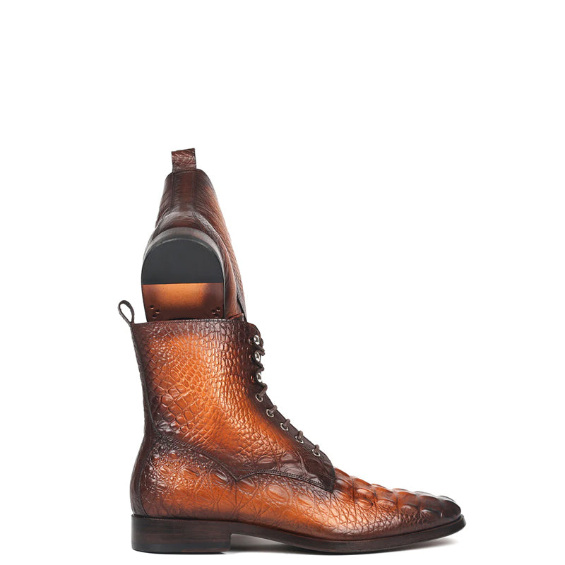 Croco Embossed Leather Lace Up Ankle Boots