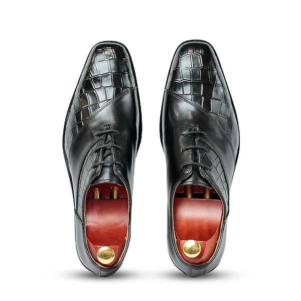 Croco Print Lace Up Wholecut Leather Oxford Shoes