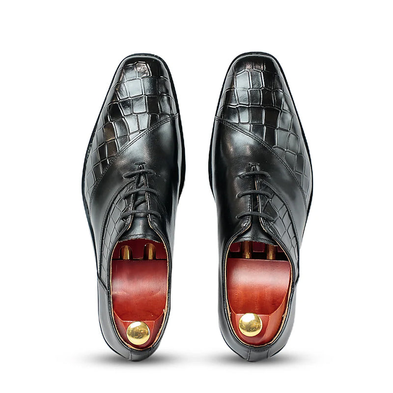 Croco Print Lace Up Wholecut Leather Oxford Shoes