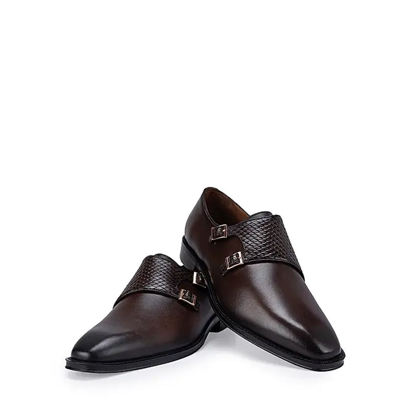 Polished Shiny Leather Textured Double Monk Shoe Black