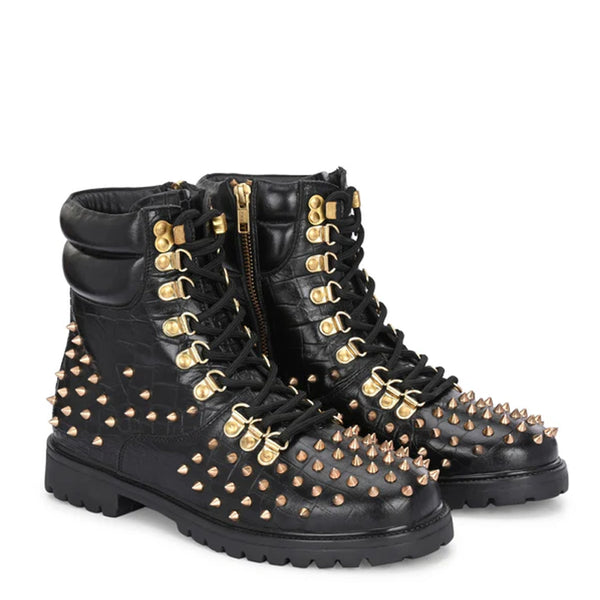 Croco Leather Studded Lace Up Biker Boots