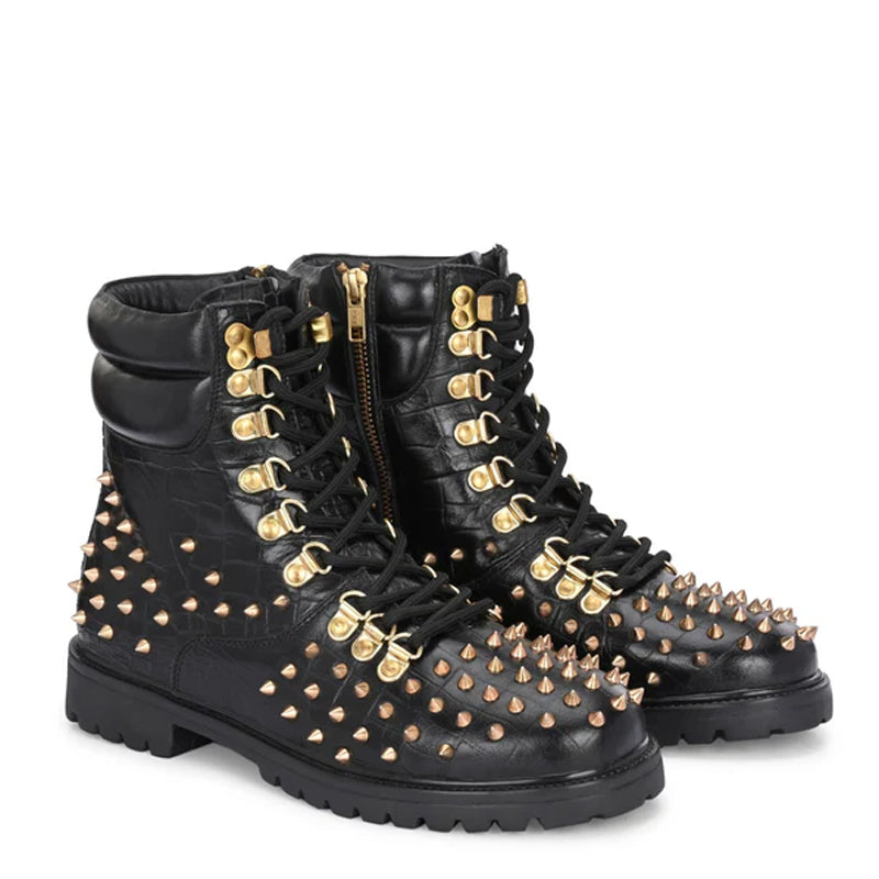 Croco Leather Studded Lace Up Biker Boots