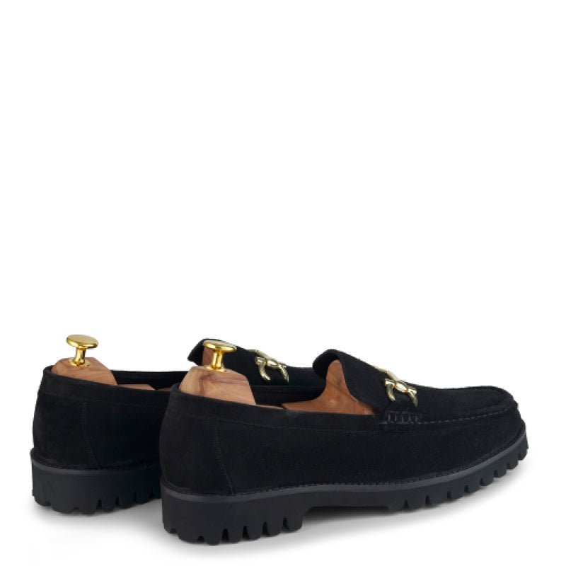 Suede Leather With Horse-bit Buckled Black Loafer