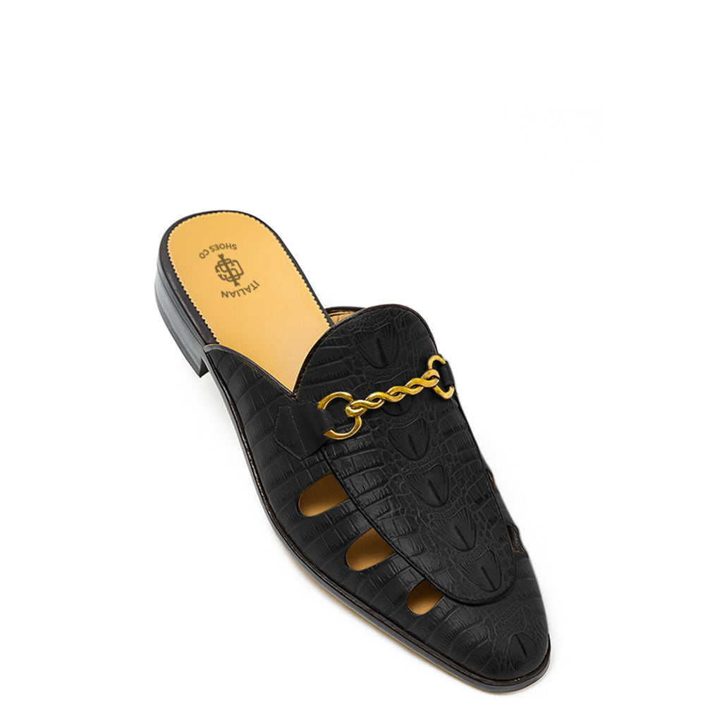 Embellished Textured Leather Mule Olive Green
