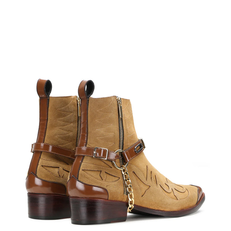 Luxury Stylish Leather Side Zipper Tan Boot With Chain