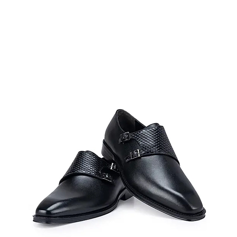 Polished Shiny Leather Textured Double Monk Shoe Black