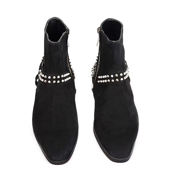 Luxury Spike Stud Velvet Side Zipper Boot With Chain