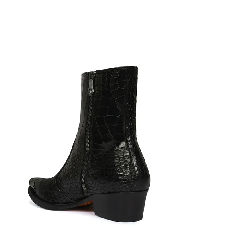 Luxury Croco Print Leather Side-Zipper Boot Black