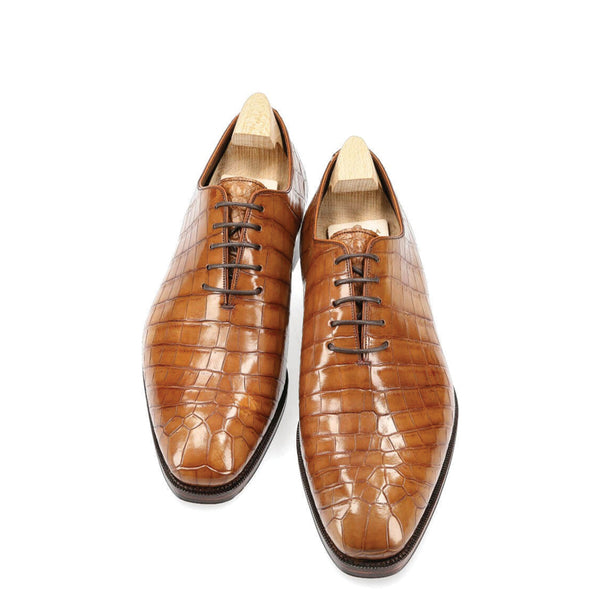 Croco Print Wholecut Leather Oxford Shoe Tan