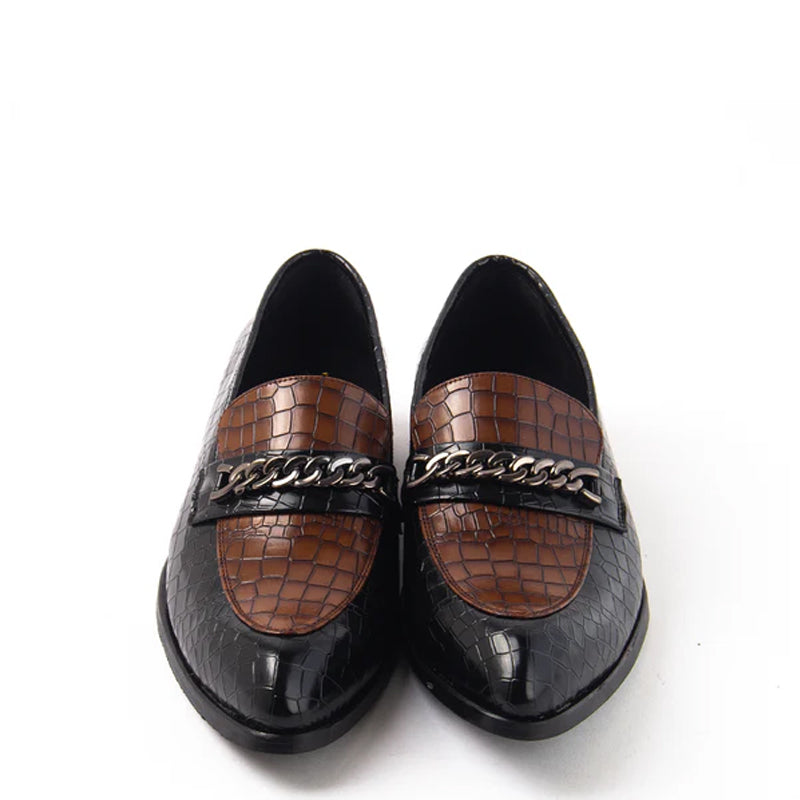 Classic Slip-On Croc Leather Loafers With Chain