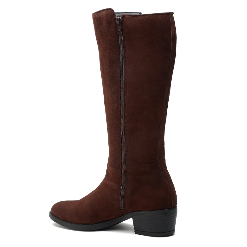 Women Suede Knee High Top Side Zipper Brown Boot