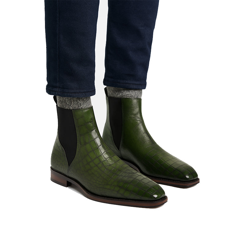 Men's Croco Leather Green Chelsea Boots