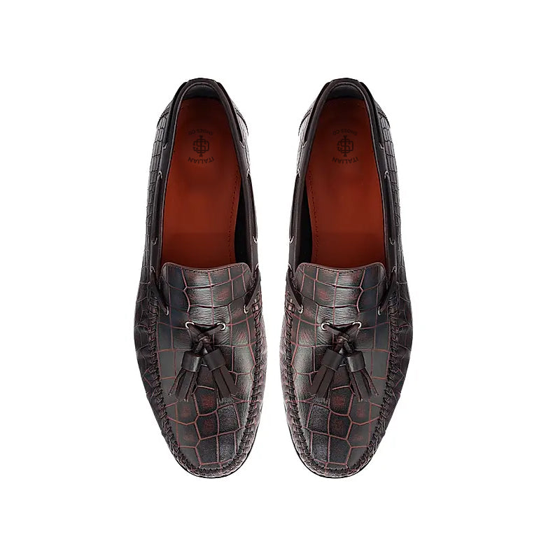 Crocodile Pattern Side Lacing Leather Tassel Loafer Black