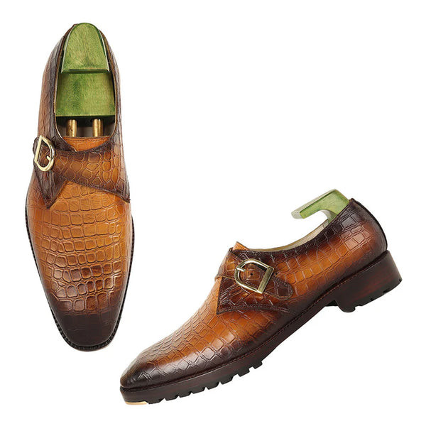 Handpainted Patina Croco Leather Single Monk Straps Shoe