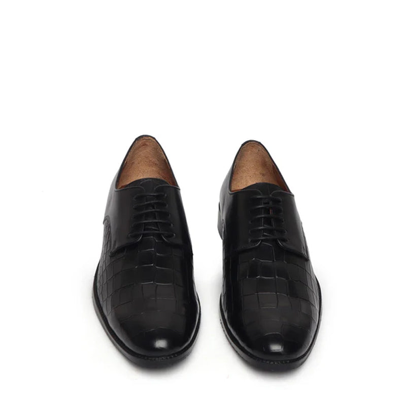Croco Print Lace Up Leather Derby Shoe Black