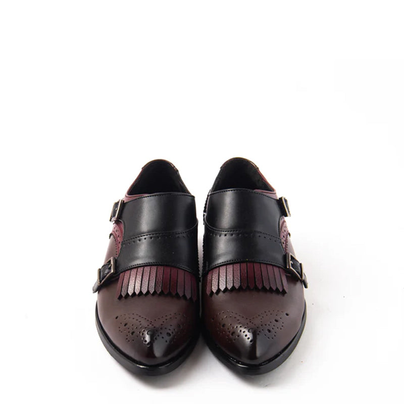 Classic Double Monk Strap Brown Black Burgundy Shoe With Fringe