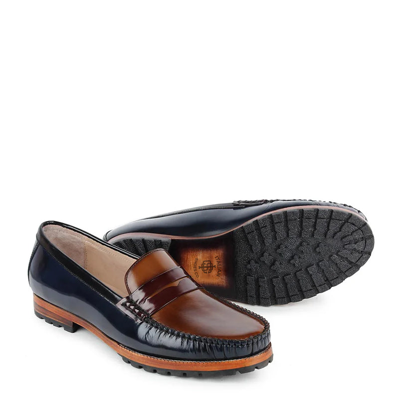 Classic Triple Tone Shiny Leather Black Tan Loafer