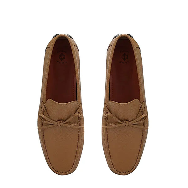 Men Round Toe Leather Driving Tan Loafer