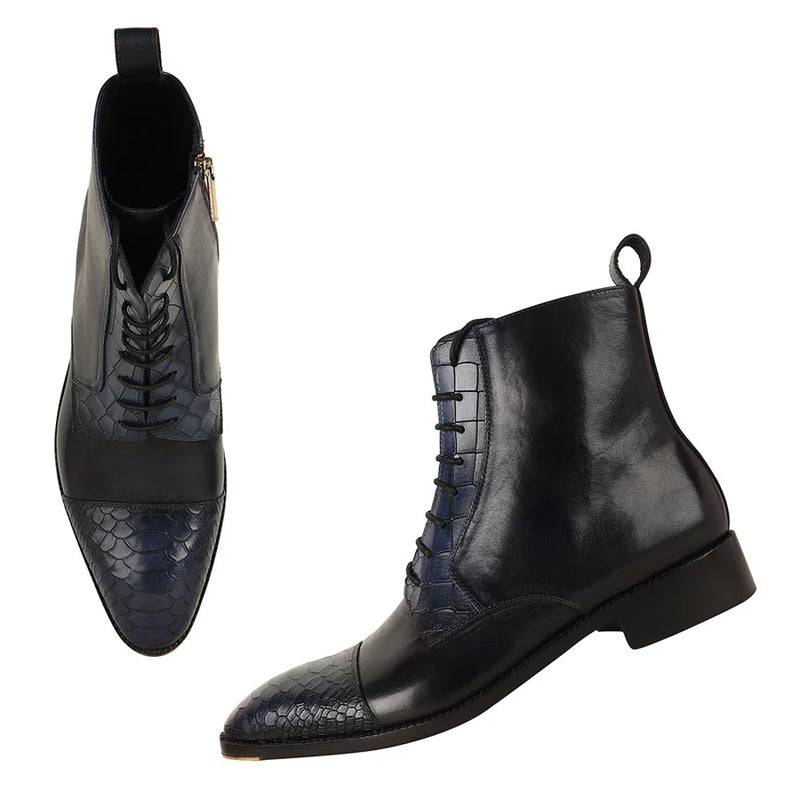 Luxury Croco Leather Cap Toe Side Zipper Boot Black Blue