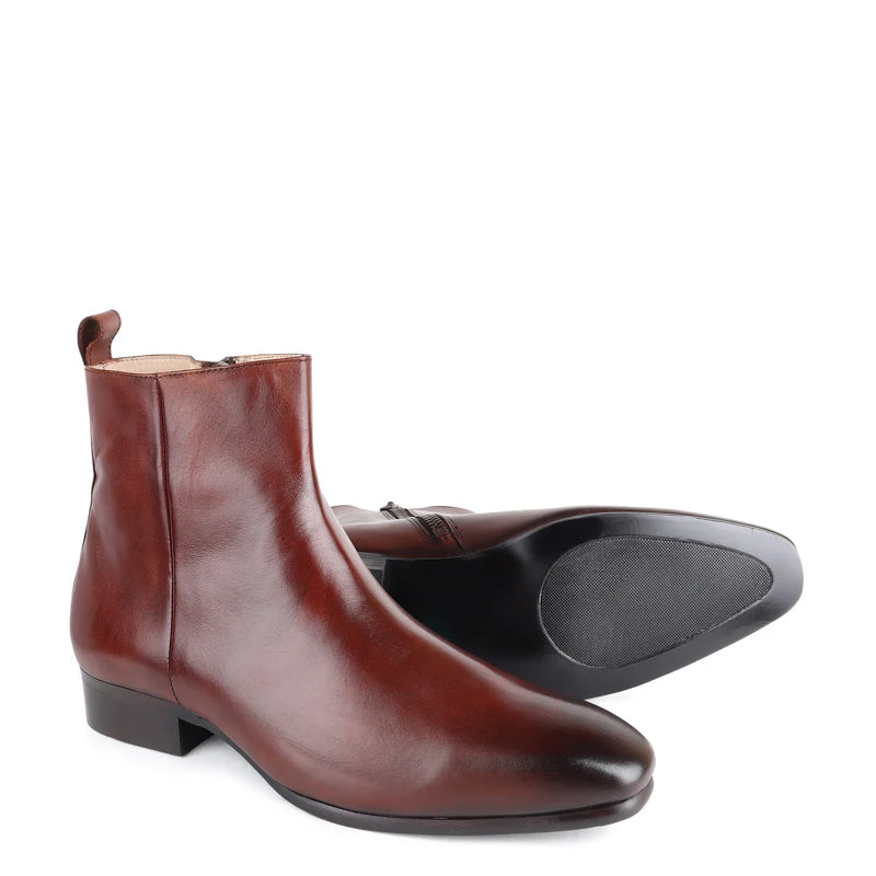 Classic Square Toe Leather Side Zipper Brown Boot