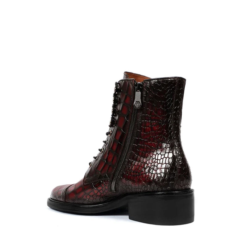 Croco Leather Lace Up High Ankle Boot Black