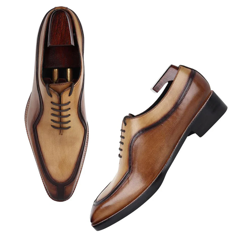 Luxury Patina Split Toe Italian Leather Oxford Shoe Tan and Brown