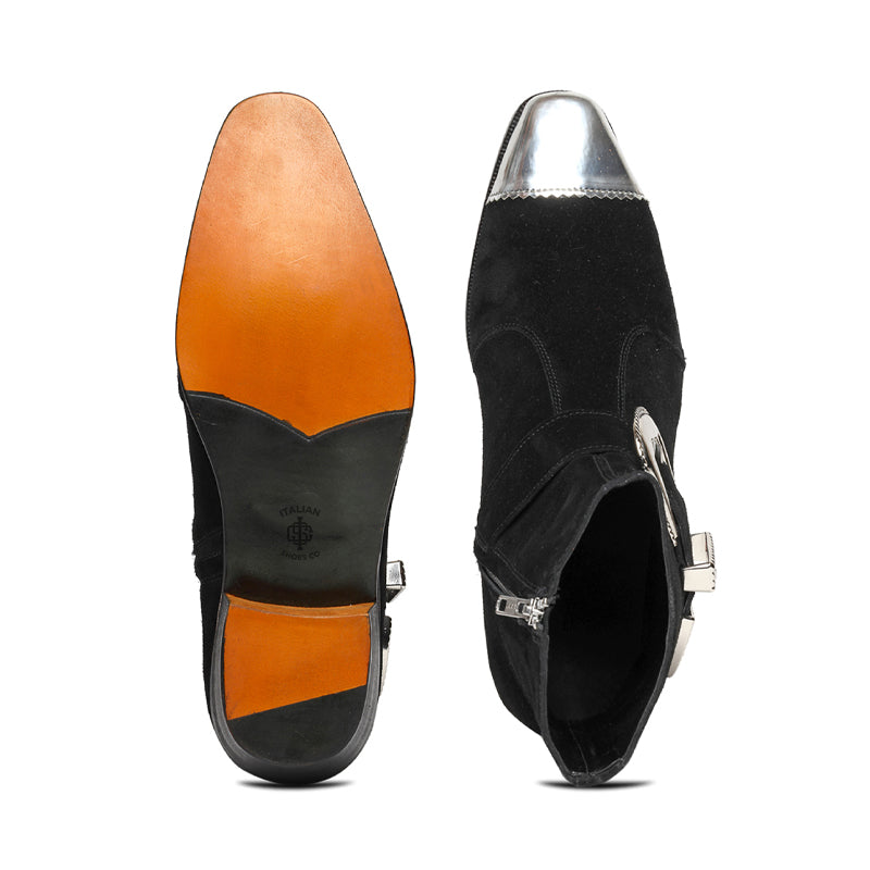 Luxury Suede Stylish Side-Zipper Black Boot With Silver Toe Cap
