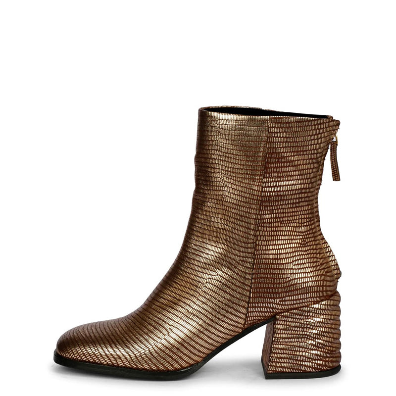 Platin Metallic Lizard Print Leather High Ankle Boot